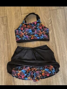 Source Unknown Girls Neon Sea Turtle Two-Piece Swim Set - Black